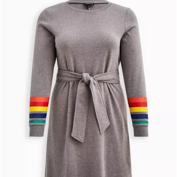 TORRID SHIFT SWEATSHIRT DRESS - COZY FLEECE RAINBOW CUFFED GREY BELTED SIZE 3X - Picture 1 of 10